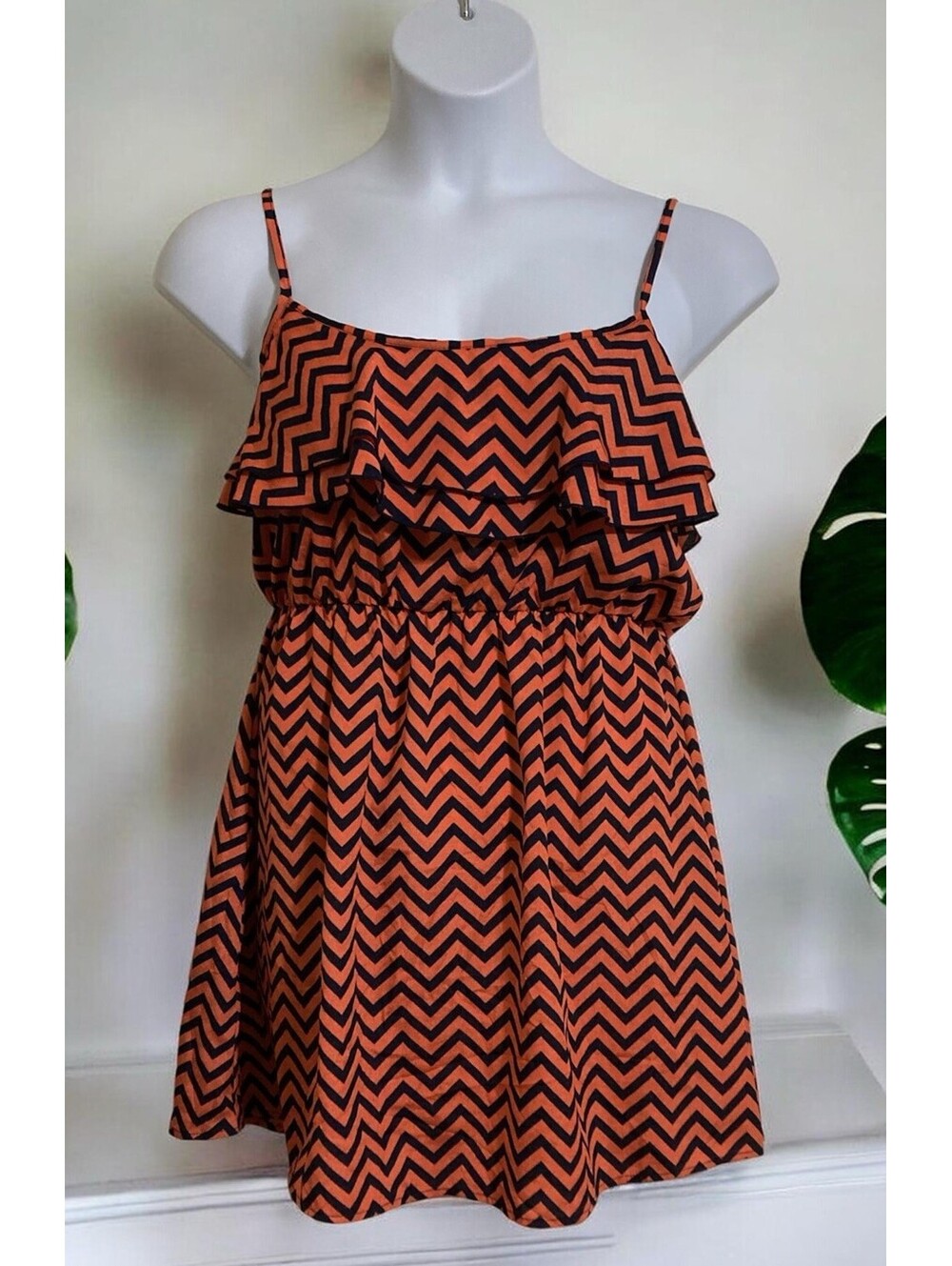 Women Espresso Orange Zigzag Striped Sleeveless Pullover Polyester Dress Sz L